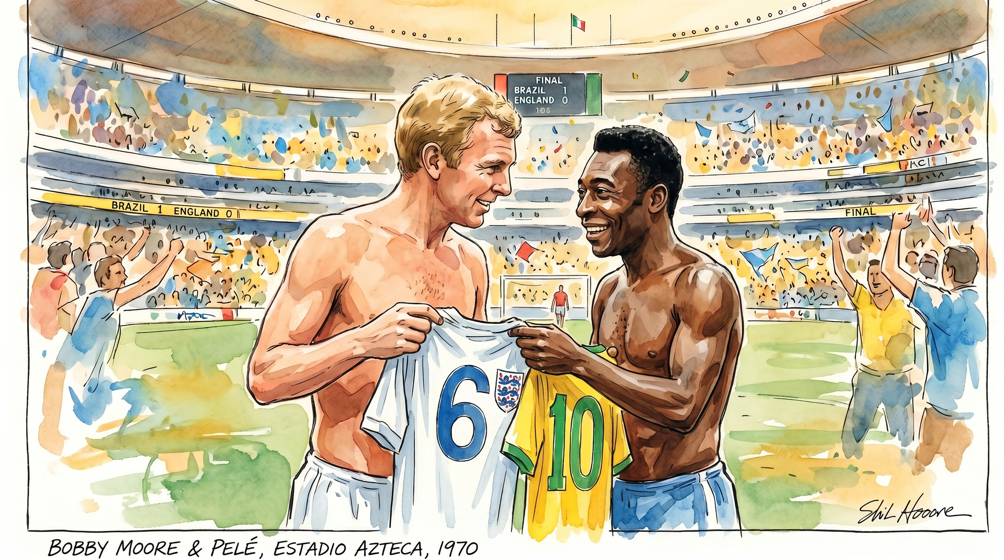 a drawing of pele abd bobby Moore at the World Cup in 1970